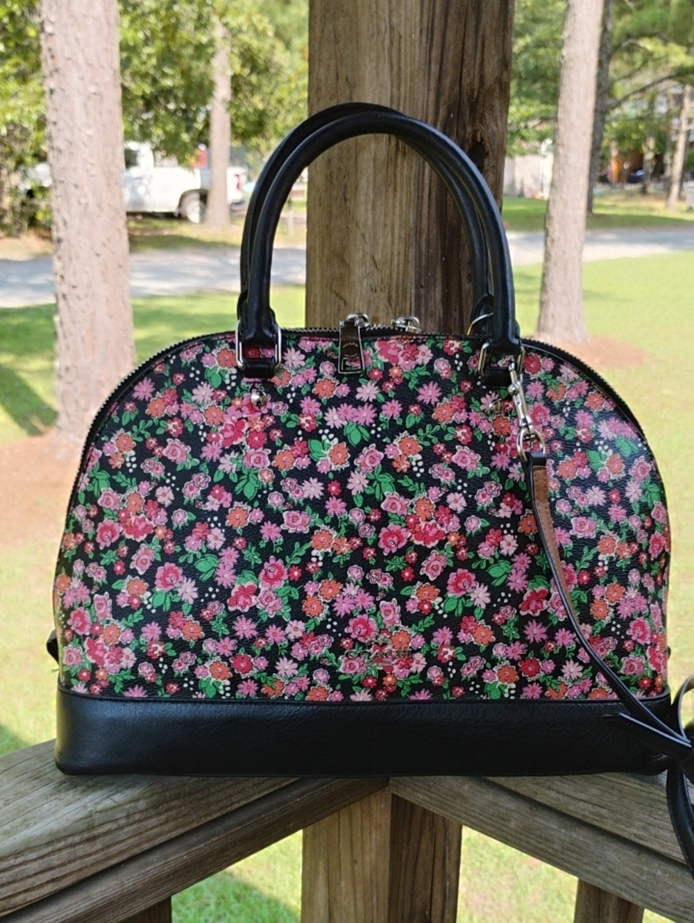 Coach Black Floral Dome Satchel Handbag Crossbody Silver Hardware